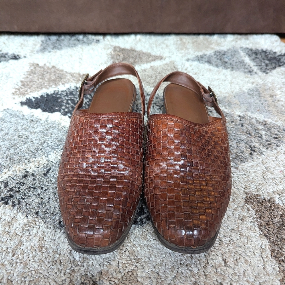 Brown Leather Woven Slingback Mules Shoe